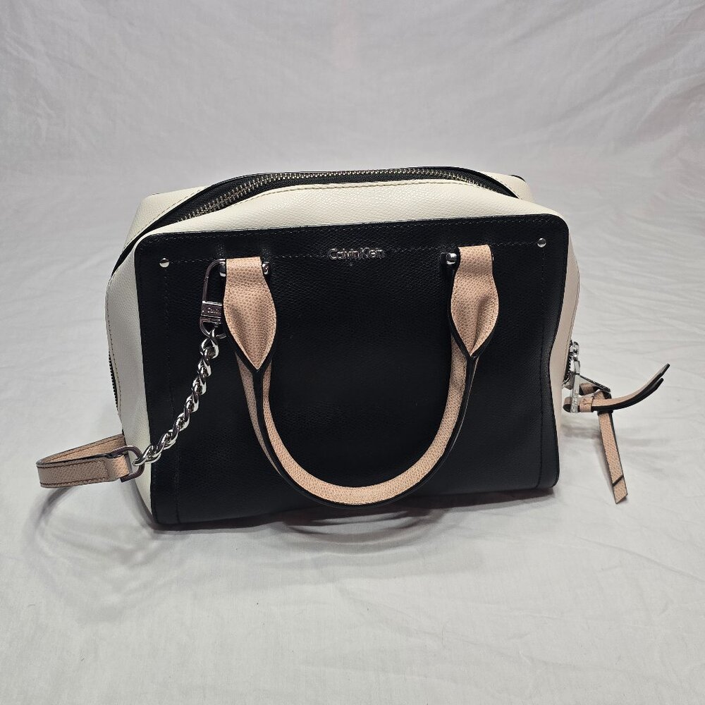 CALVIN KLEIN Boxy Small Leather Satchel, Bag, Handbag Black White Tan Zipper